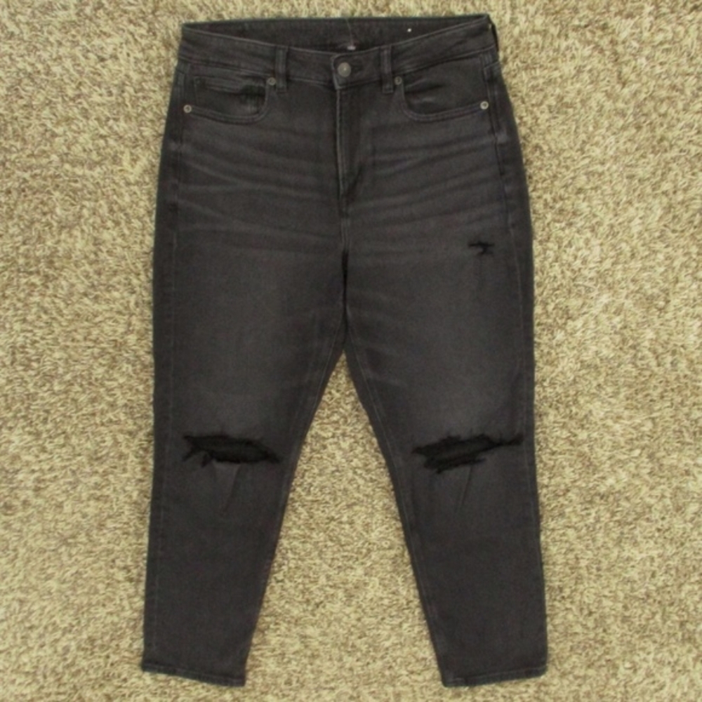 American Eagle Jeans Women's 10 Black Mom High Rise Distressed Stretch‎ Denim